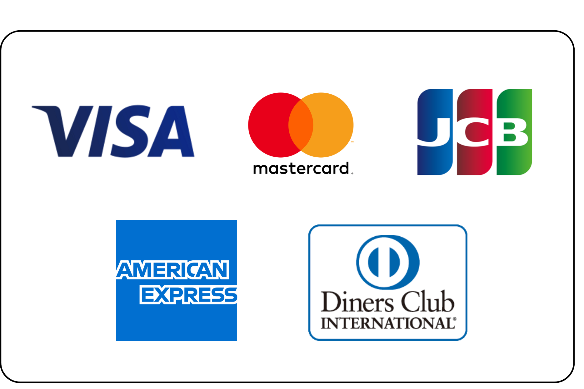 VISA, mastercard, JCB, American Express, Diners Club